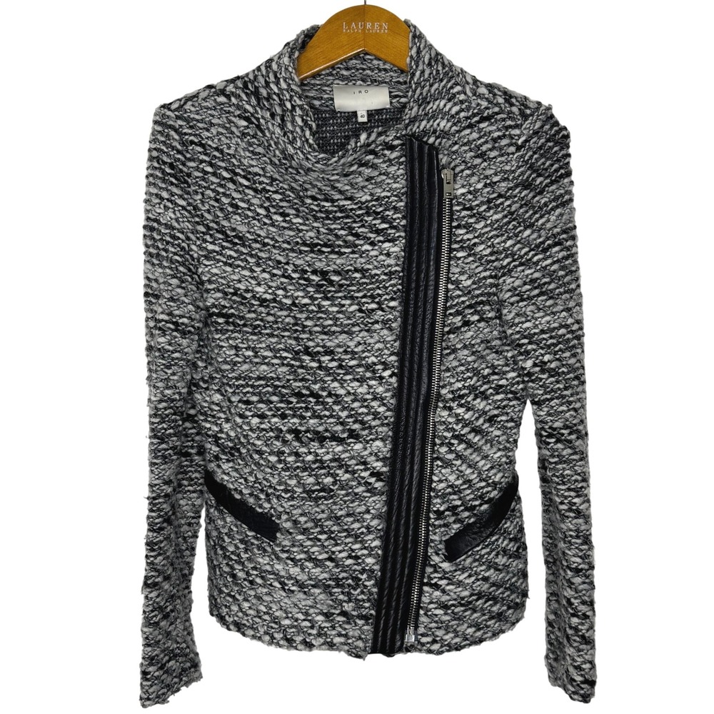 IRO Jacket Moto‎ Boucle Zip Front Women's Size 40 (8) Black/White